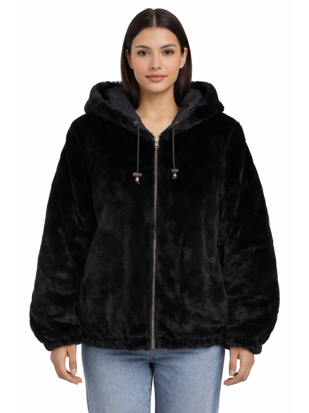 1990s Komitor Reversible Silk Faux Fur Hooded Coat Medium